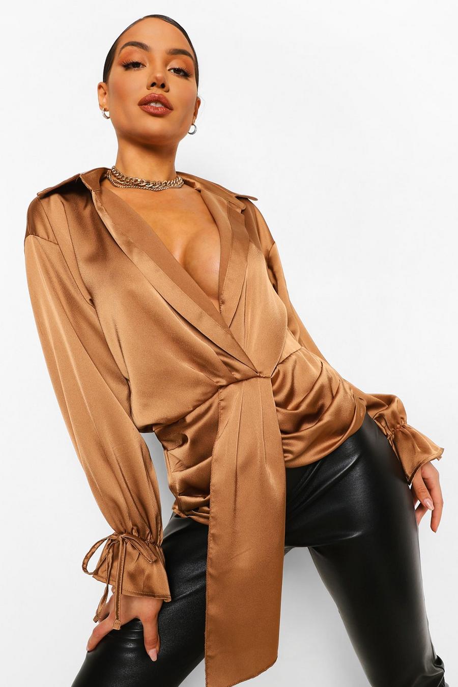 Nude Knot Front Satin Shirt image number 1