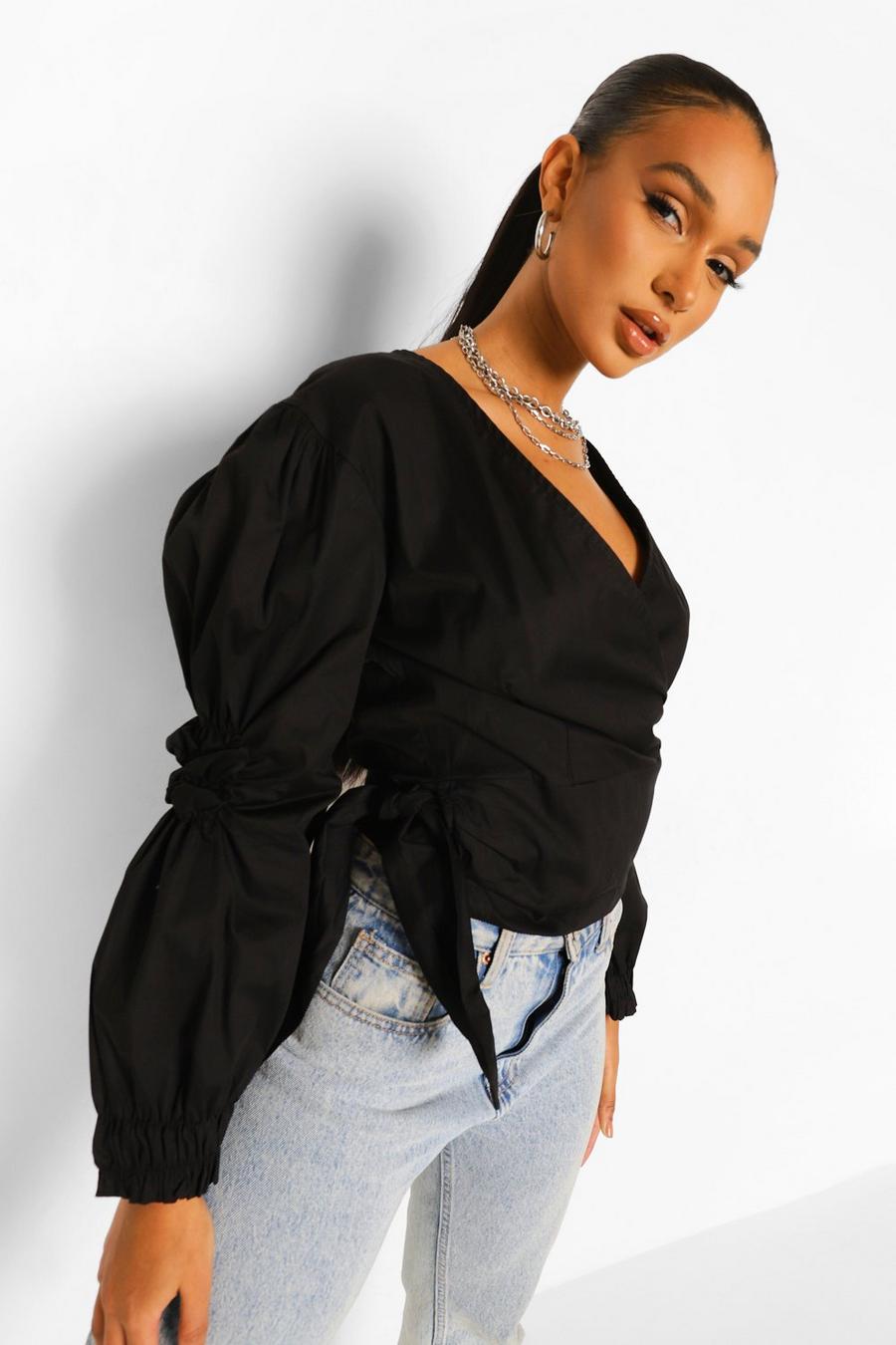Black Wrap Front Puff Sleeve Blouse image number 1