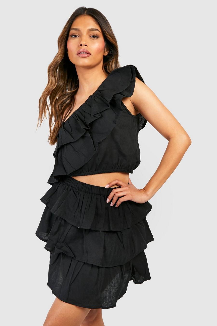 Black svart One Shoulder Ruffle Top & Mini Skirt