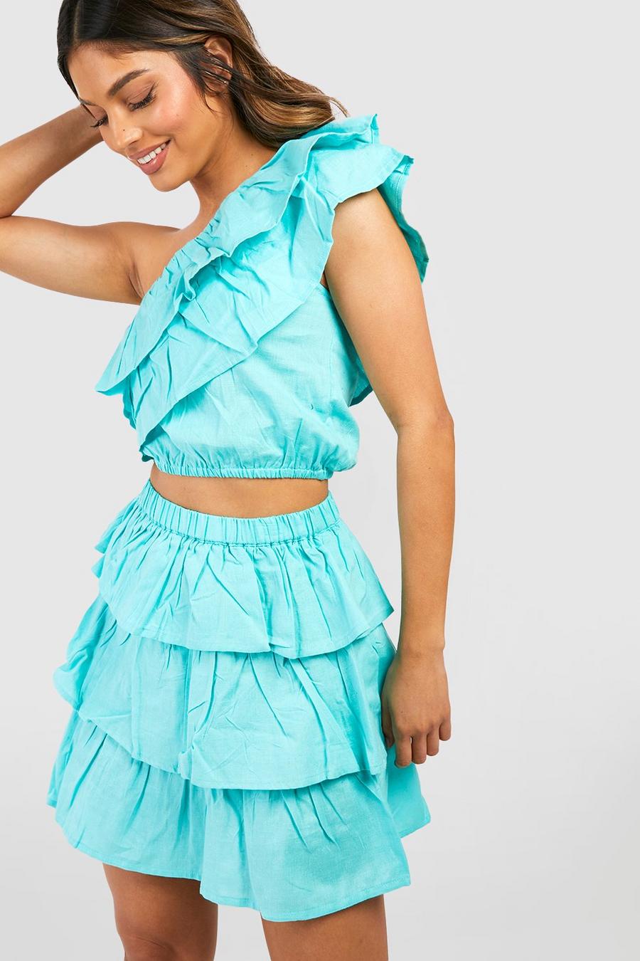 Emerald One Shoulder Ruffle Top & Mini Skirt image number 1