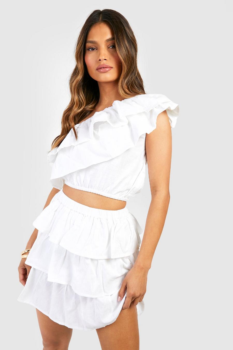 Ivory One Shoulder Ruffle Top & Mini Skirt image number 1