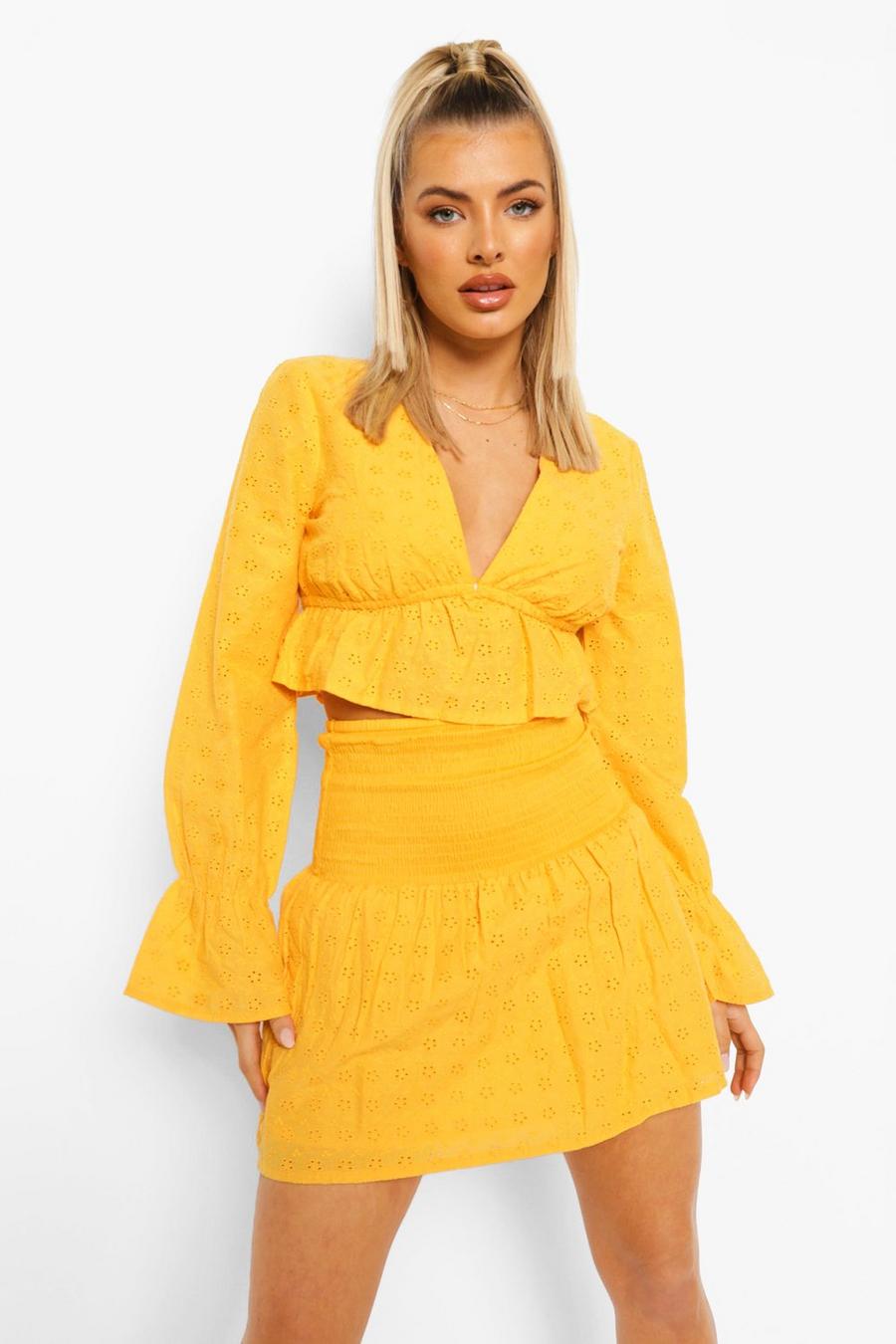 Mustard yellow Broderie Pep Hem Top & Mini Skirt