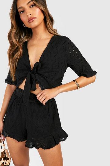 Eyelet Knot Top & Ruffle Hem Shorts black