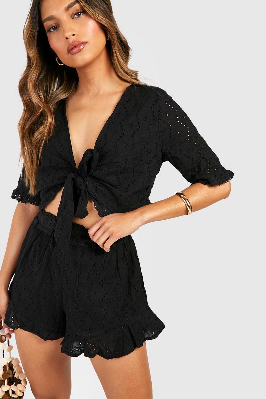 Black Broderie Knot Top & Ruffle Hem Shorts image number 1