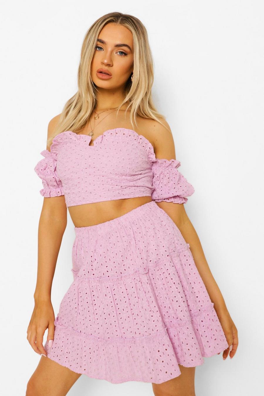 Lilac Broderie Sweetheart Top & Ruffle Hem Skirt image number 1