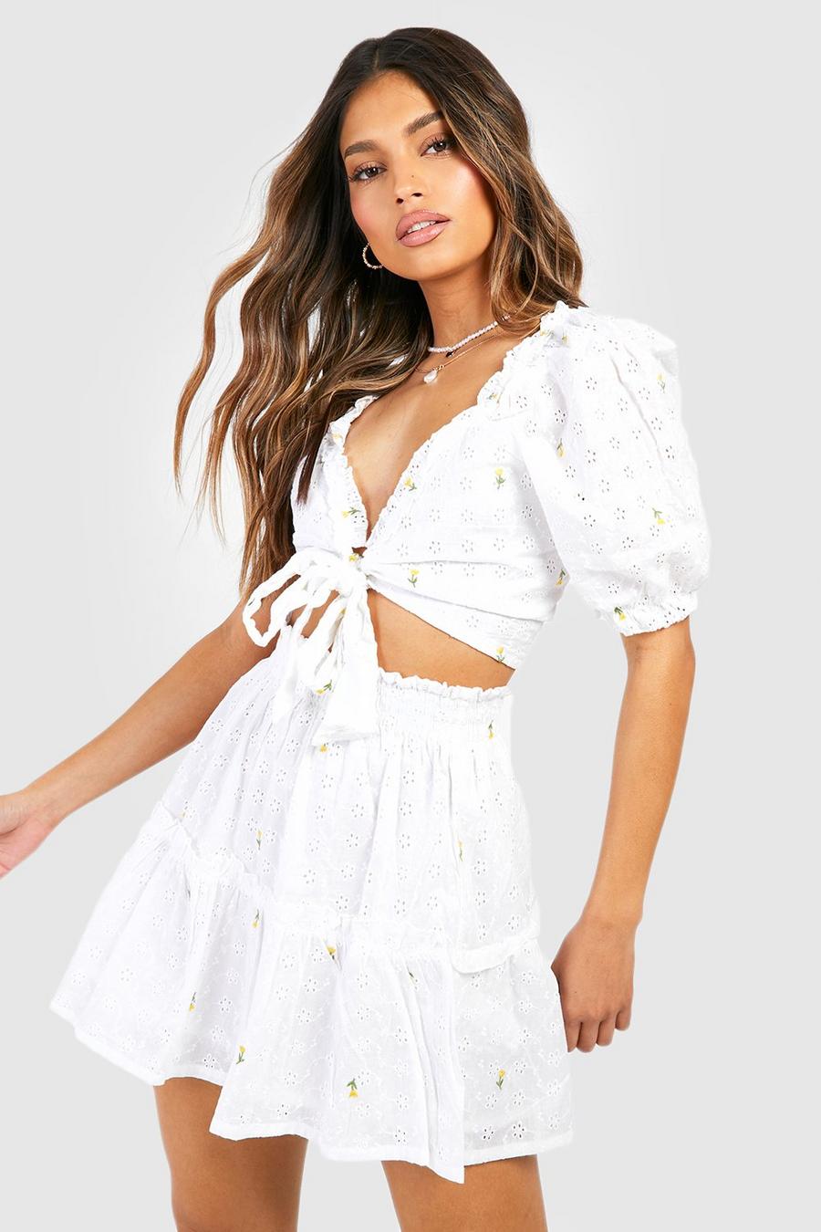 Ivory white Floral Broderie Knot Top & Ruffle Hem Skirt