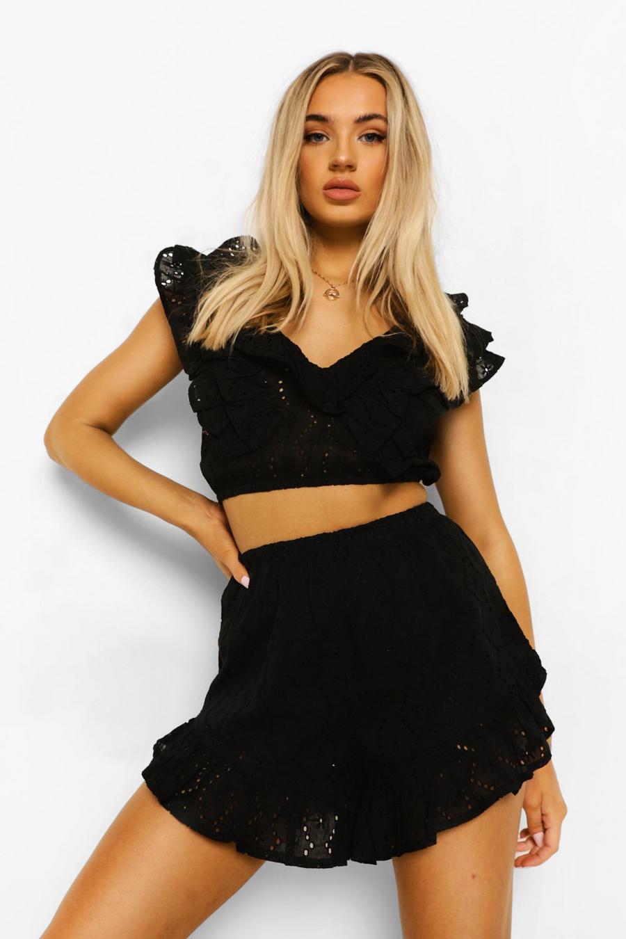 Black Broderie Ruffle Top & Shorts image number 1