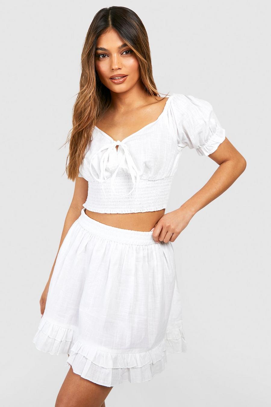 Ivory white Shirred Puff Sleeve Top & Ruffle Hem Skirt image number 1