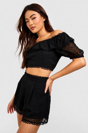 Black Dobby Off The Shoulder Top & Shorts