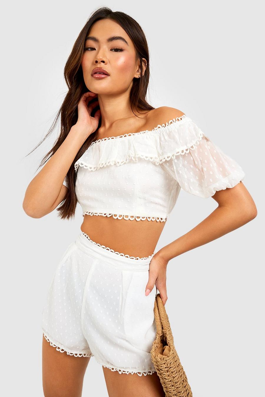 Ivory white Dobby Mesh Off The Shoulder Top & Shorts