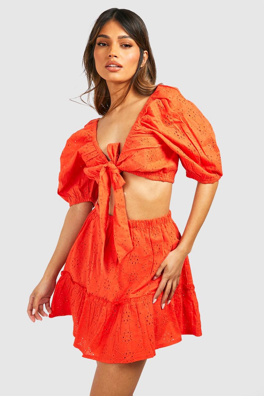Red orange Broderie Knot Top & Ruffle Hem Skirt image number 1