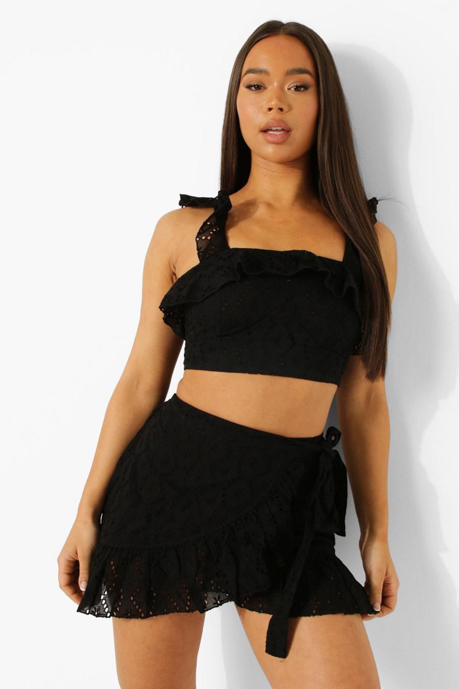Black Broderie Ruffle Detail Top & Skirt image number 1