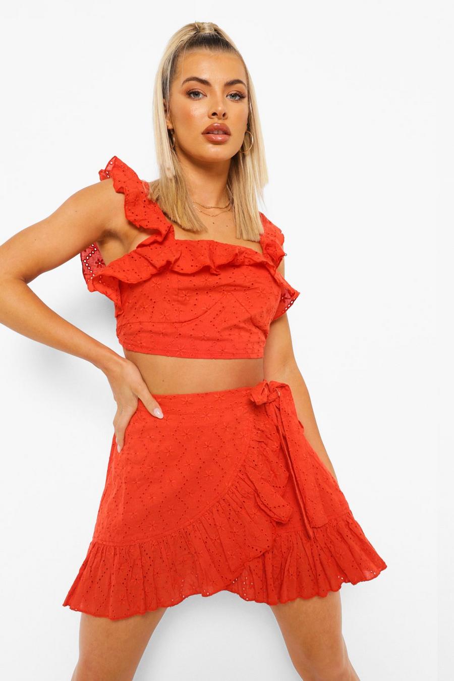 Red orange Broderie Ruffle Detail Top & Skirt image number 1
