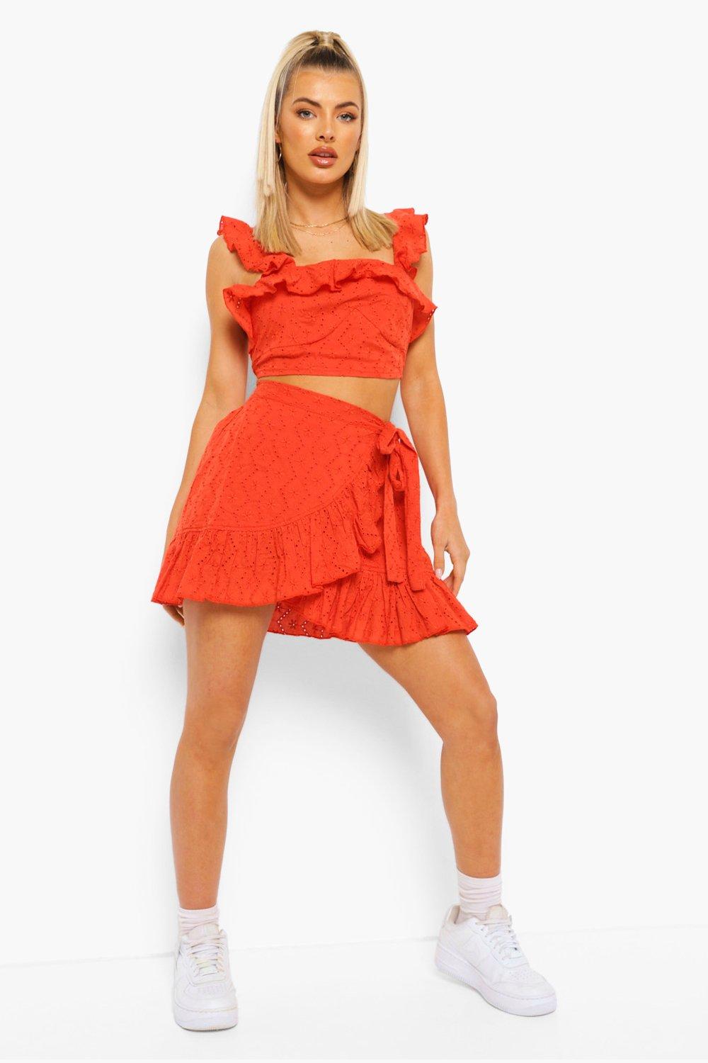 Womens Clothing Suits Skirt suits Boohoo Broderie Ruffle Detail Top & Skirt in Red Orange Red 