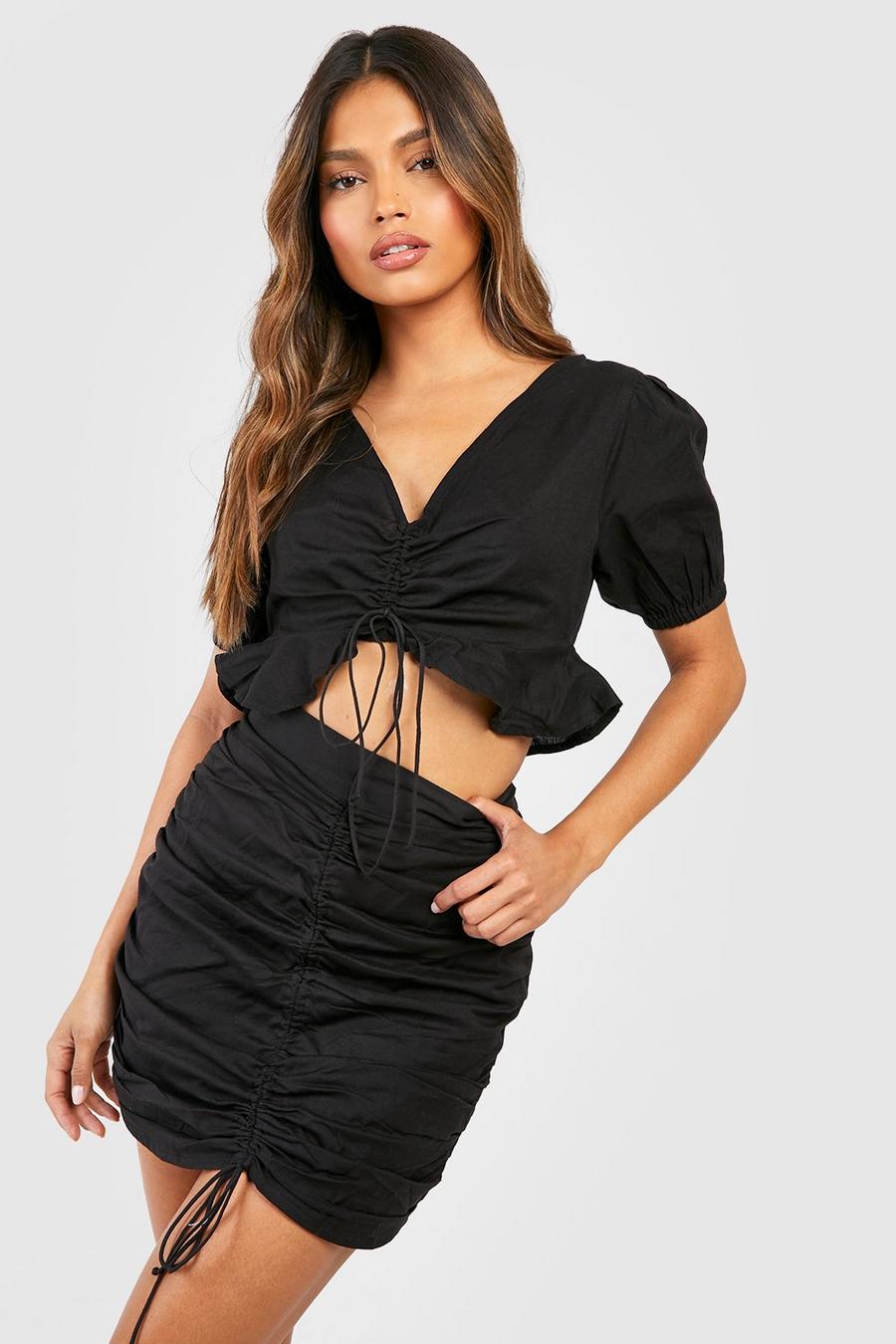 Ensemble avec top froncé et mini-jupe, Black