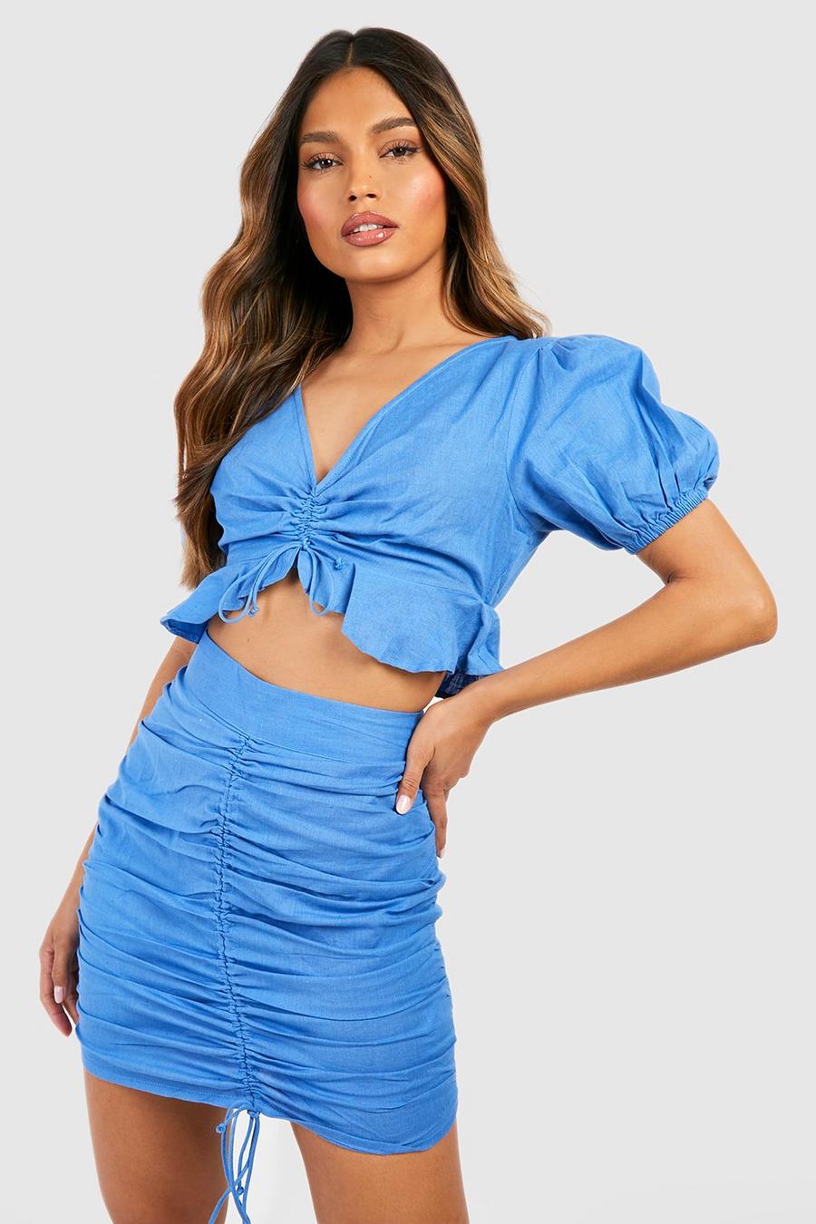 כחול בוהק azul חצאית מיני וטופ עם קפלים בחזית