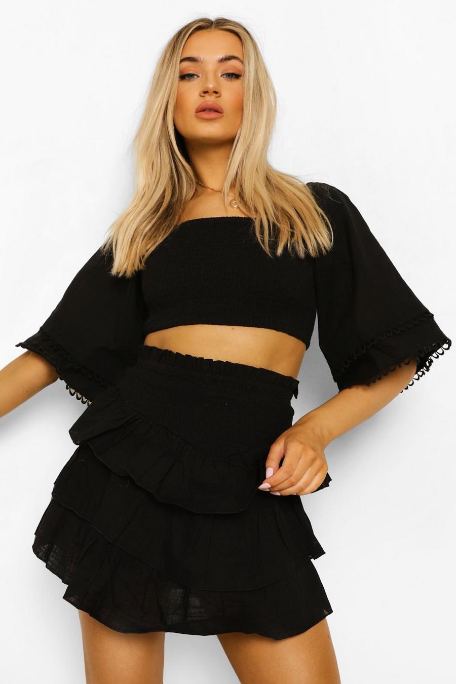 Black Linen Look Shirred Top & Rara Skirt image number 1