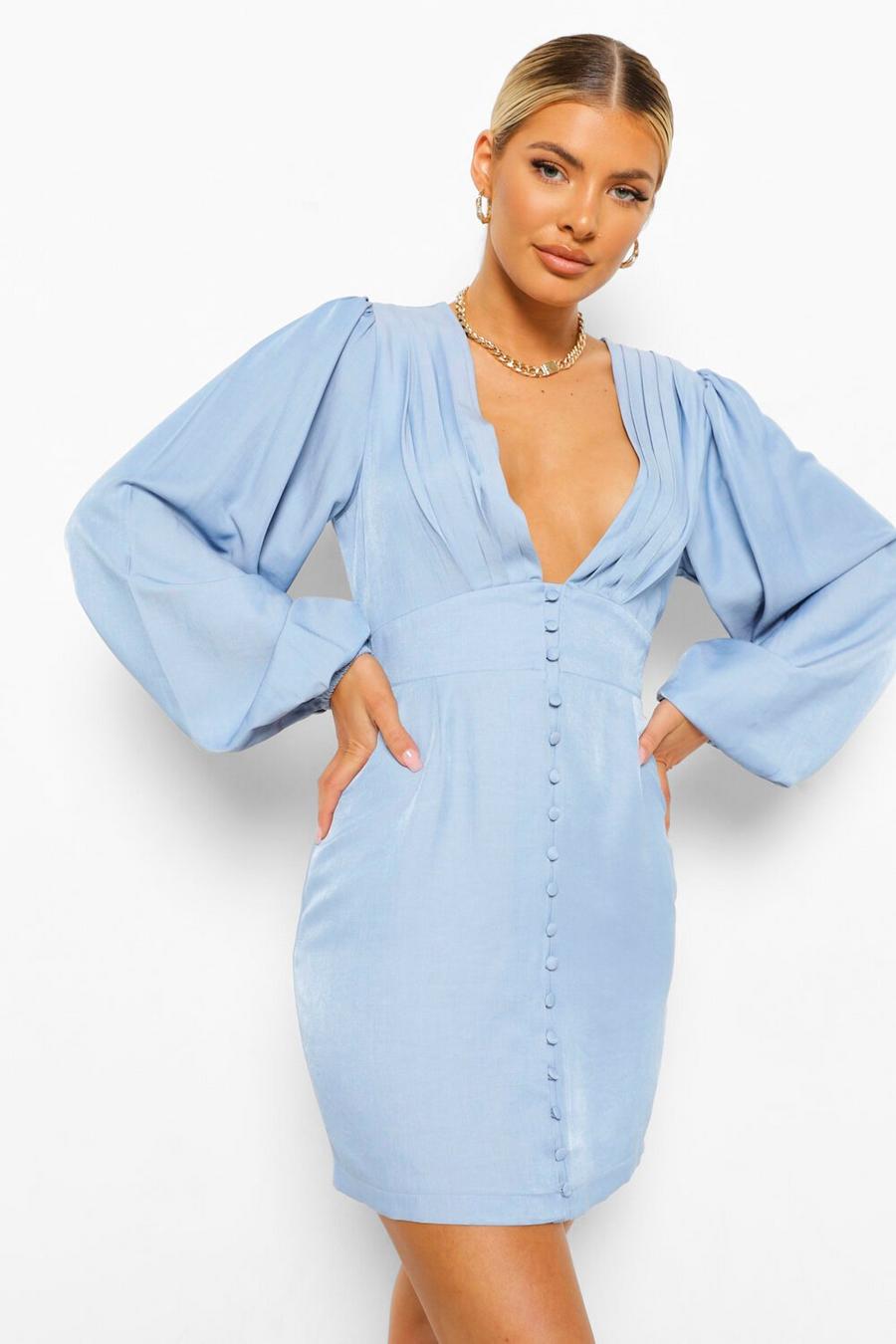 Mid blue Puff Sleeve Button Down Chambray Mini Dress image number 1