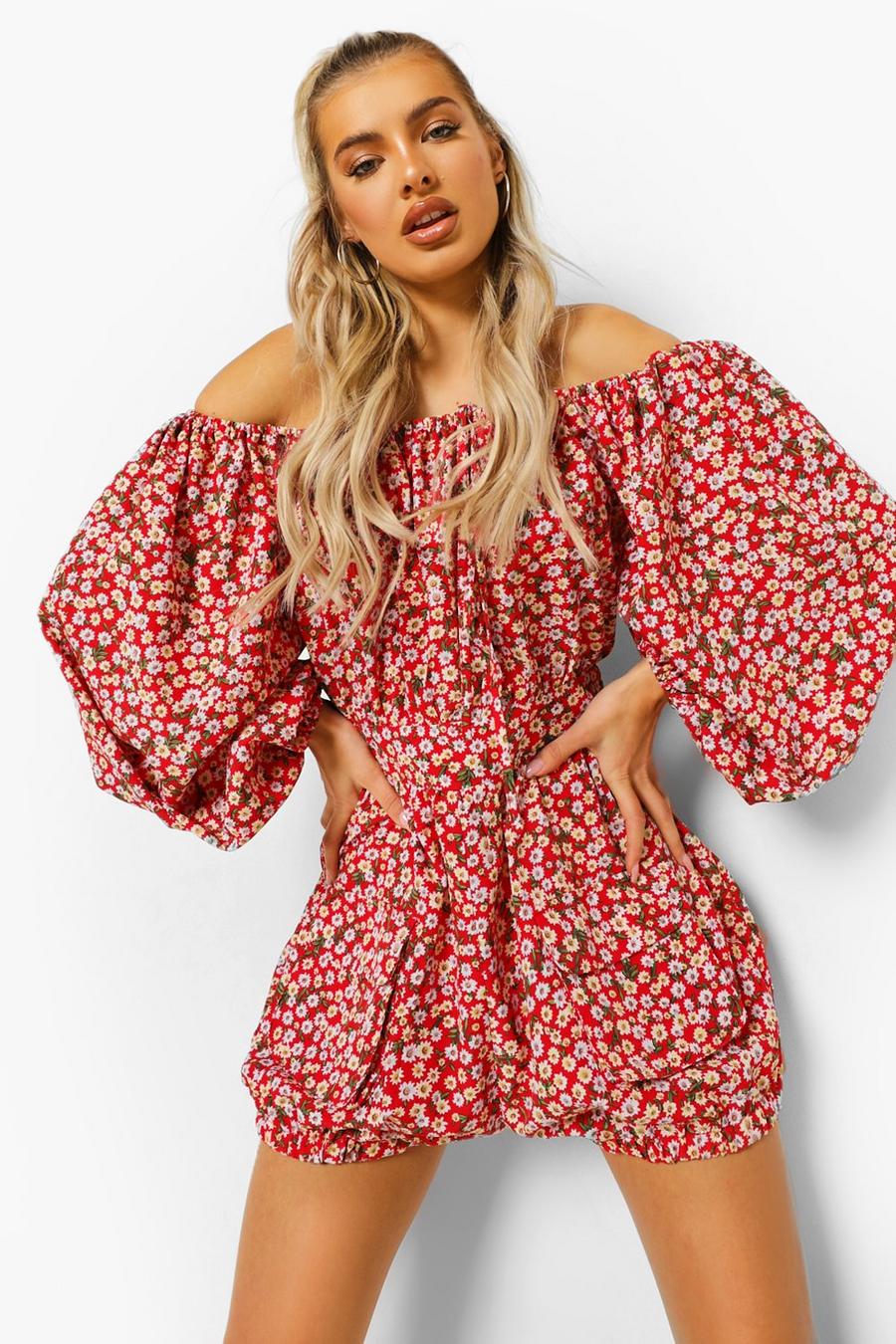 Red Floral Bardot Utility Playsuit