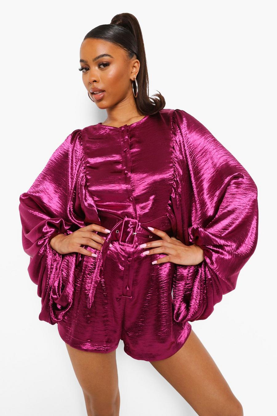 Berry Satin Extreme Balloon Sleeve Belted Romper image number 1
