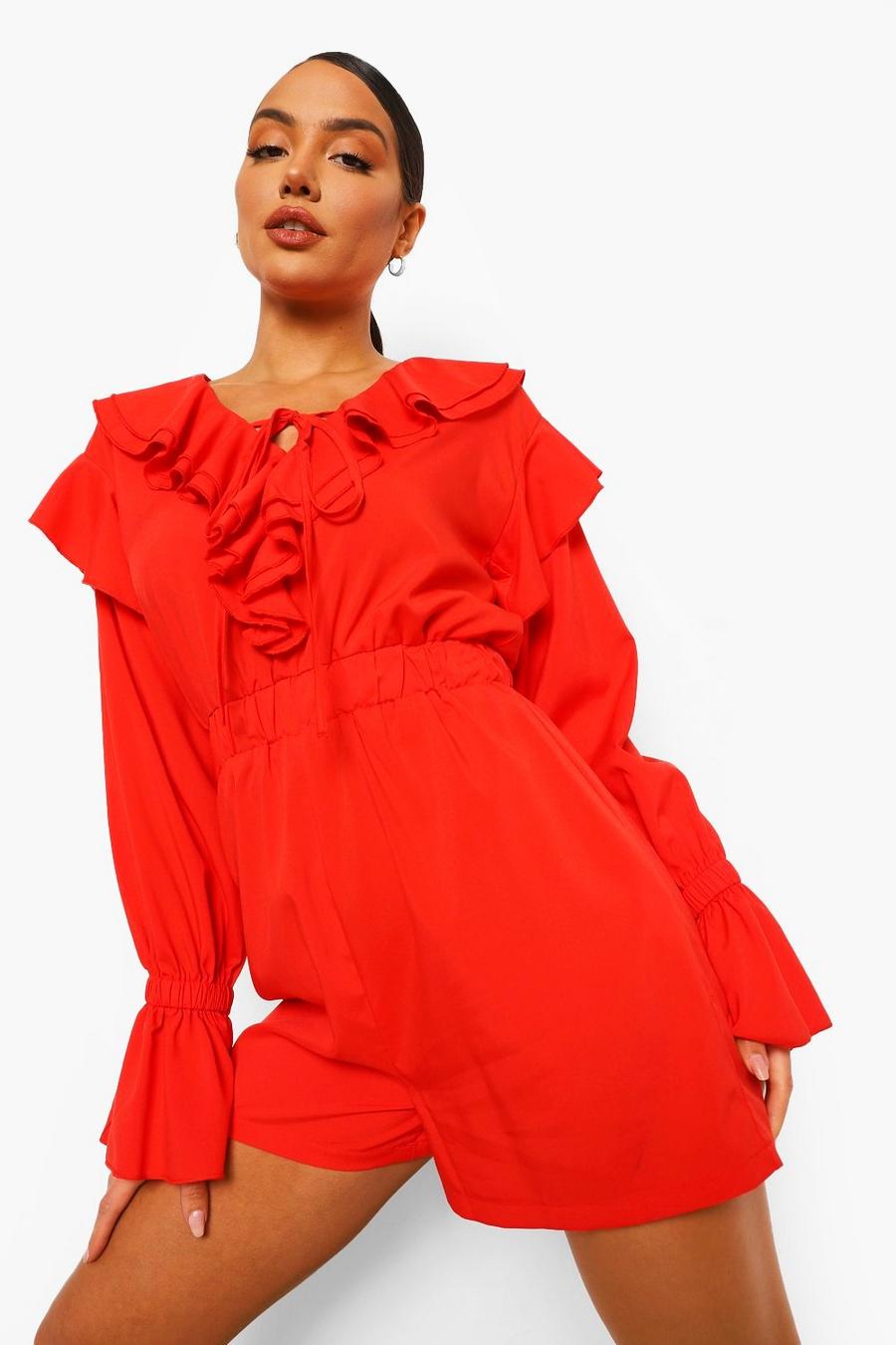 Coral rosa Ruffle Tie Neck Playsuit