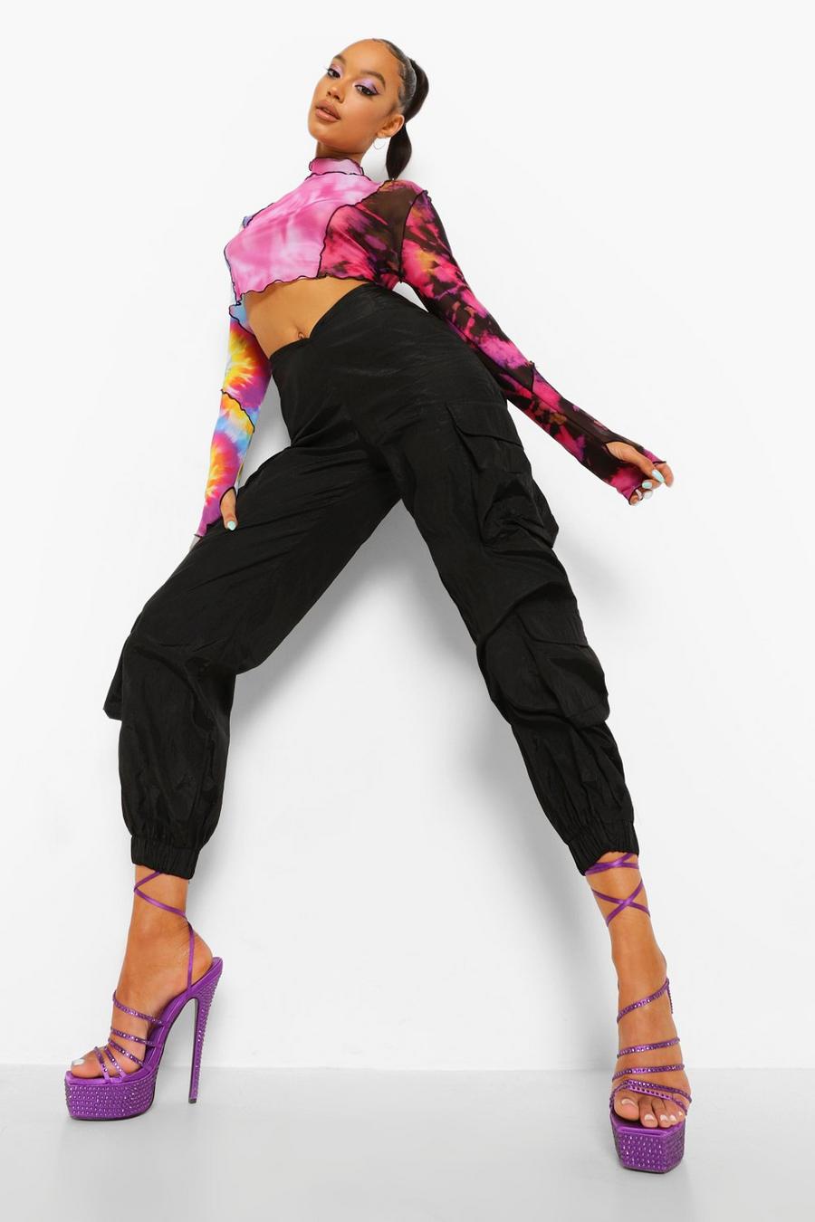 Pantalones utilitarios tejidos con cintura curvada, Negro image number 1