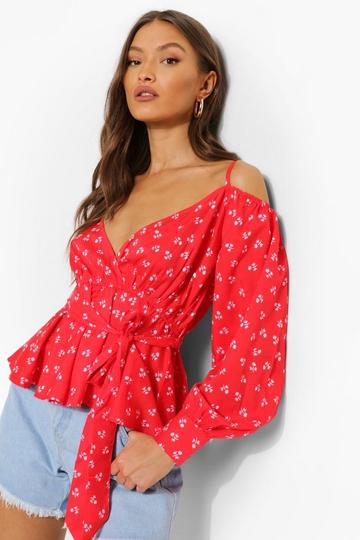 Ditsy Cold Shoulder Peplum Top red