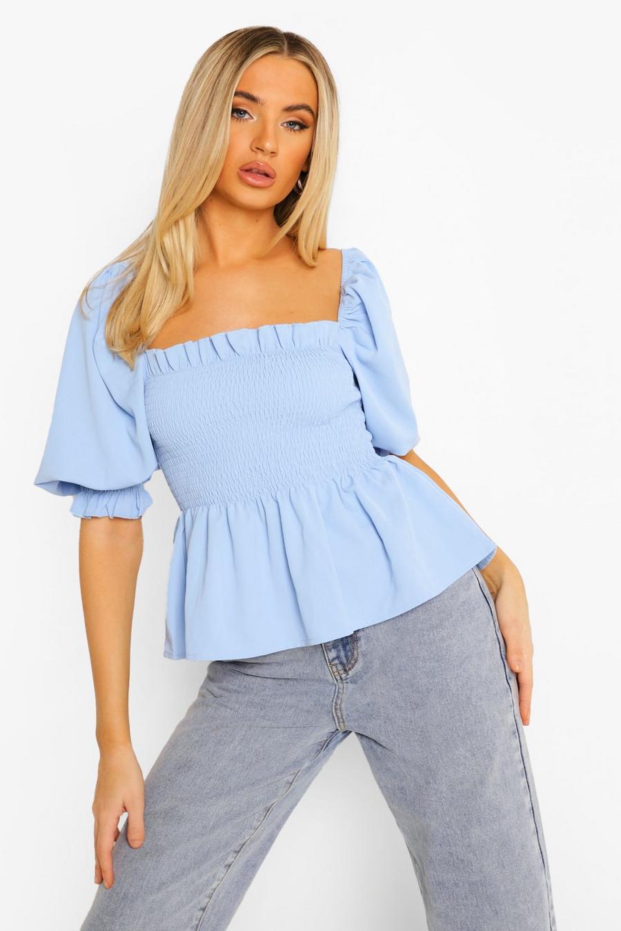 Baby blue Square Neck Puff Sleeve Top image number 1