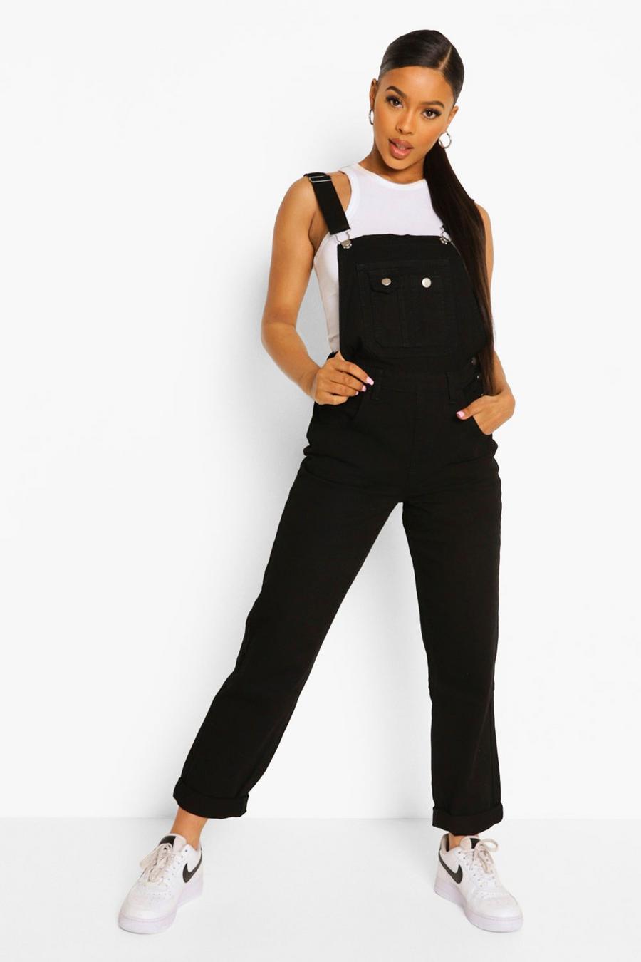 Black Roll Up Hem Relaxed Straight Leg Dungarees image number 1