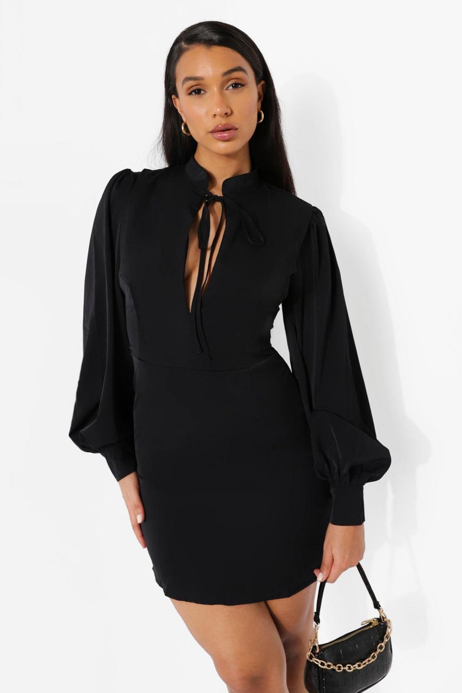 שחור שמלת מיני עם צווארון גבוה ושרוולי בלון image number 1