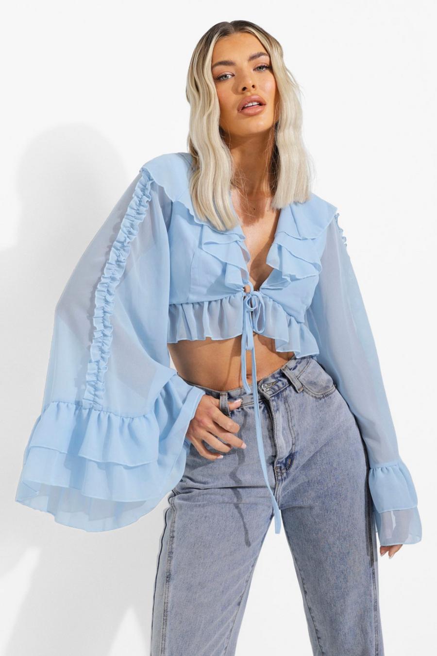 Baby blue Flare Sleeve Ruffle Detail Top image number 1
