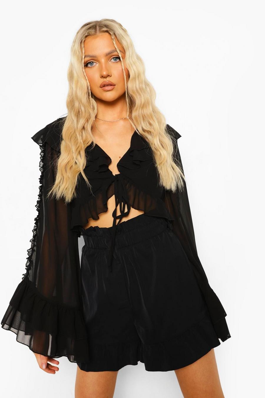 Black Flare Sleeve Ruffle Detail Top image number 1