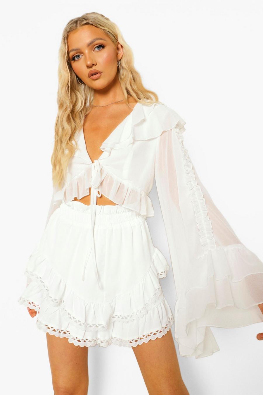 White Flare Sleeve Ruffle Detail Top image number 1