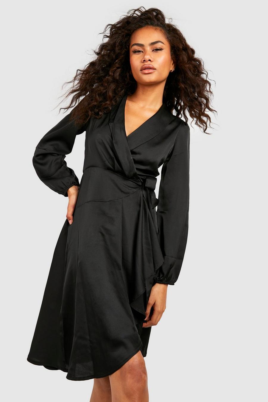 Black noir Wrap Over Ruffle Hem Belted Midi Dress image number 1