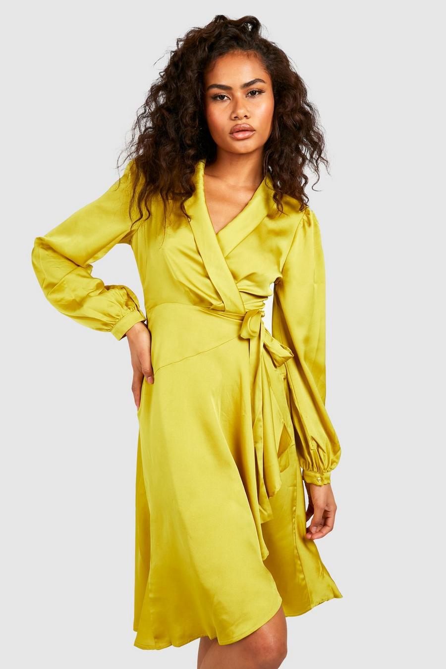 Chartreuse amarillo Wrap Over Ruffle Hem Belted Midi Dress