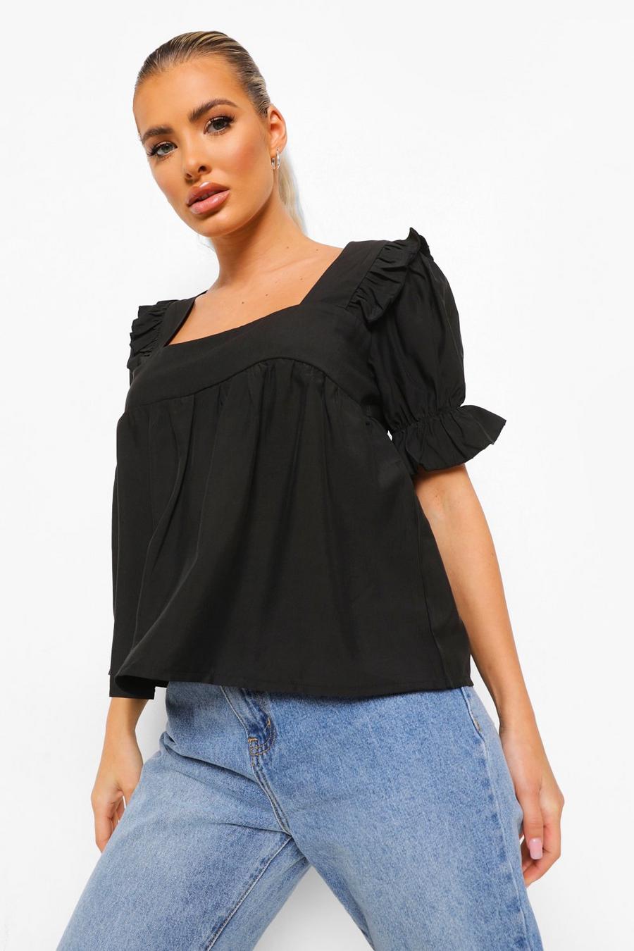 Black Woven Ruffle Square Neck Smock Top image number 1