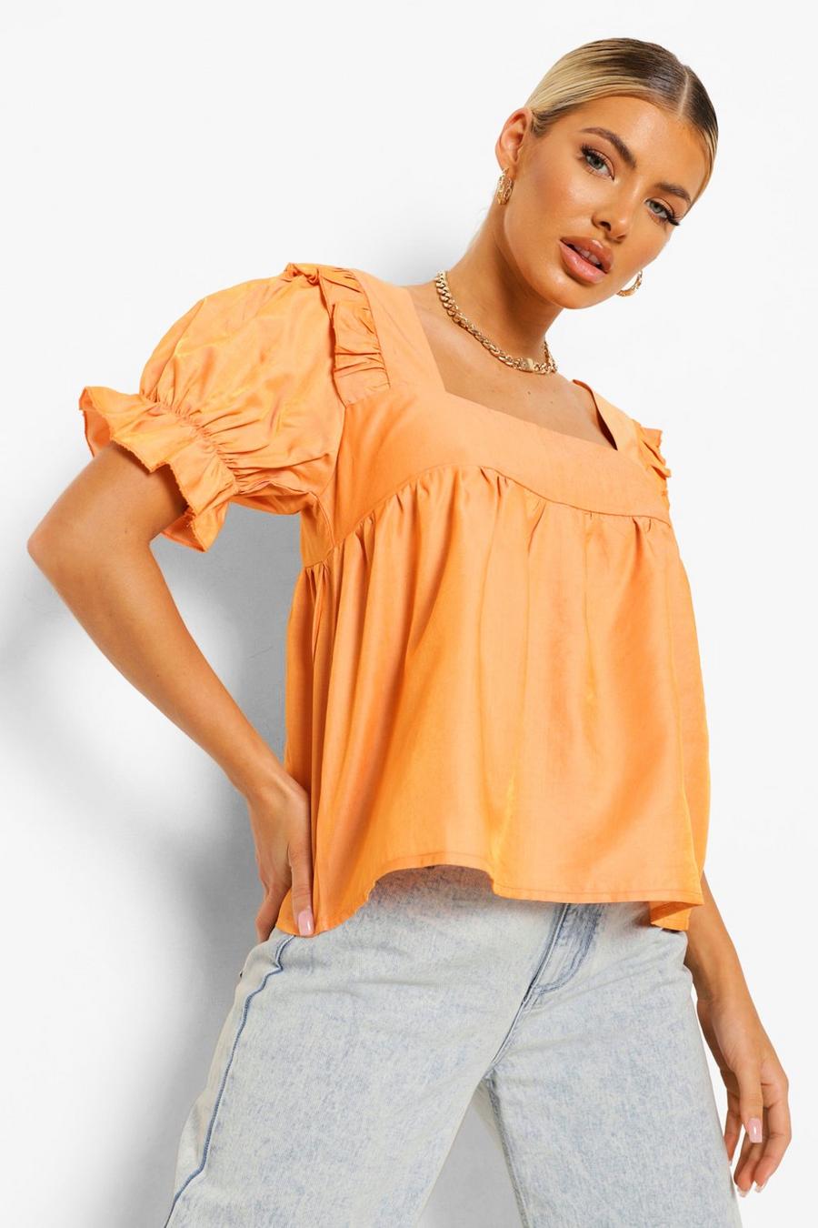 Top estilo blusón tejido con volante y cuello cuadrado, Naranja image number 1