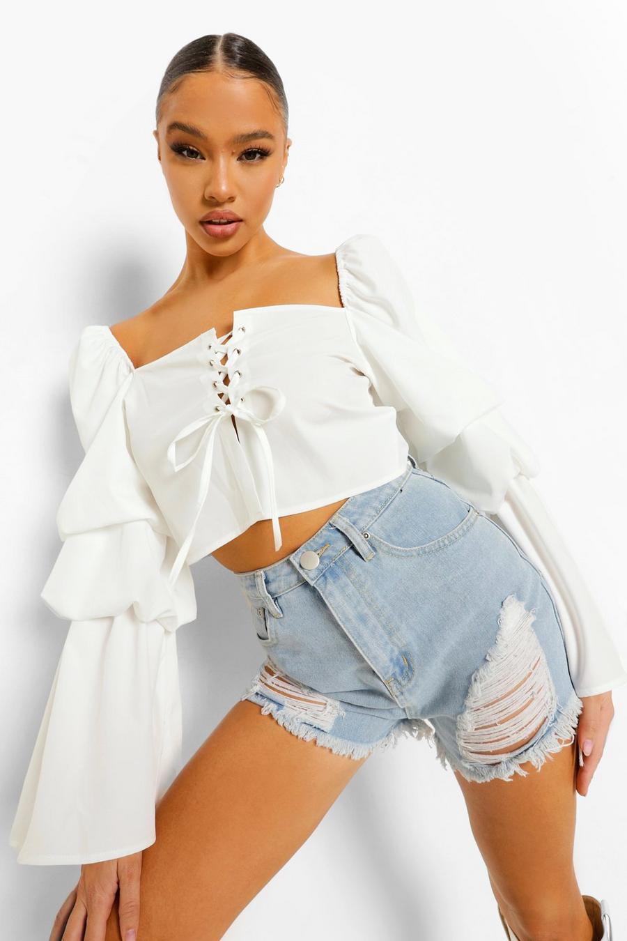 Ivory Woven Puff Sleeve Lace Up Top image number 1