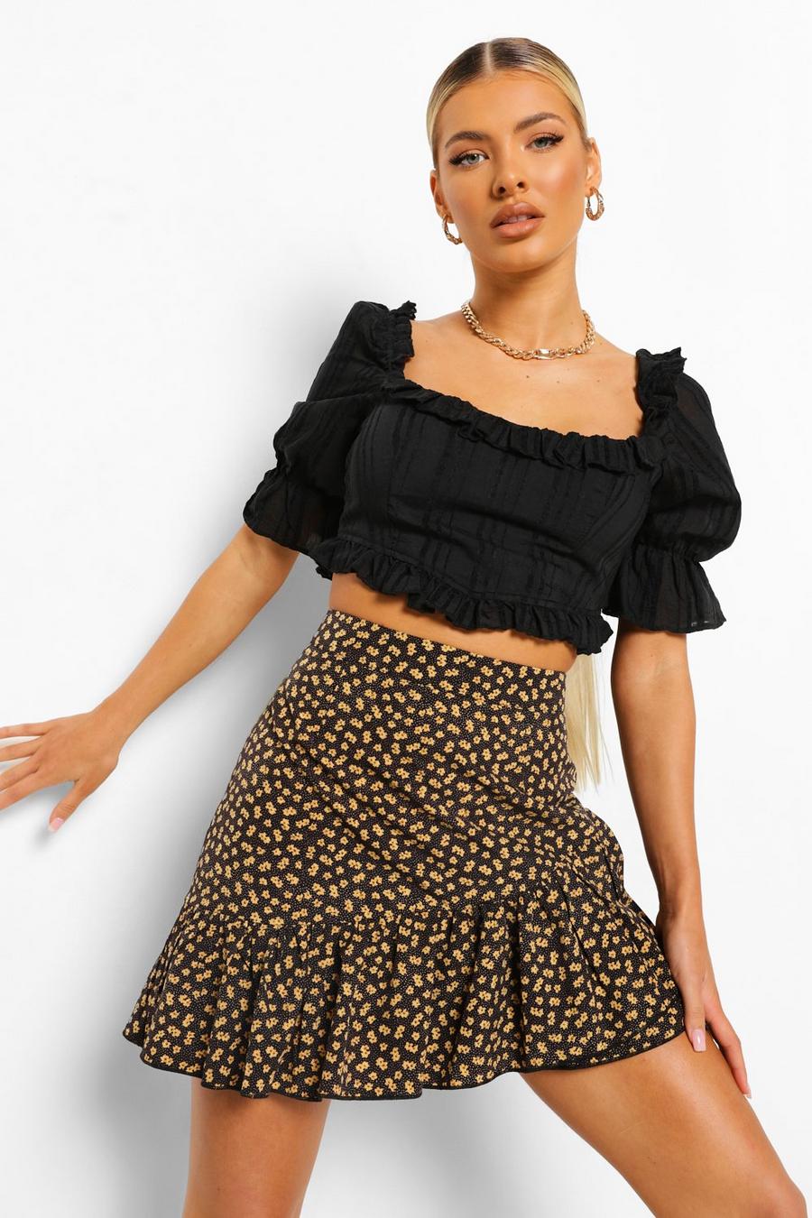 Black Woven Ruffle Puff Sleeve Crop Top image number 1