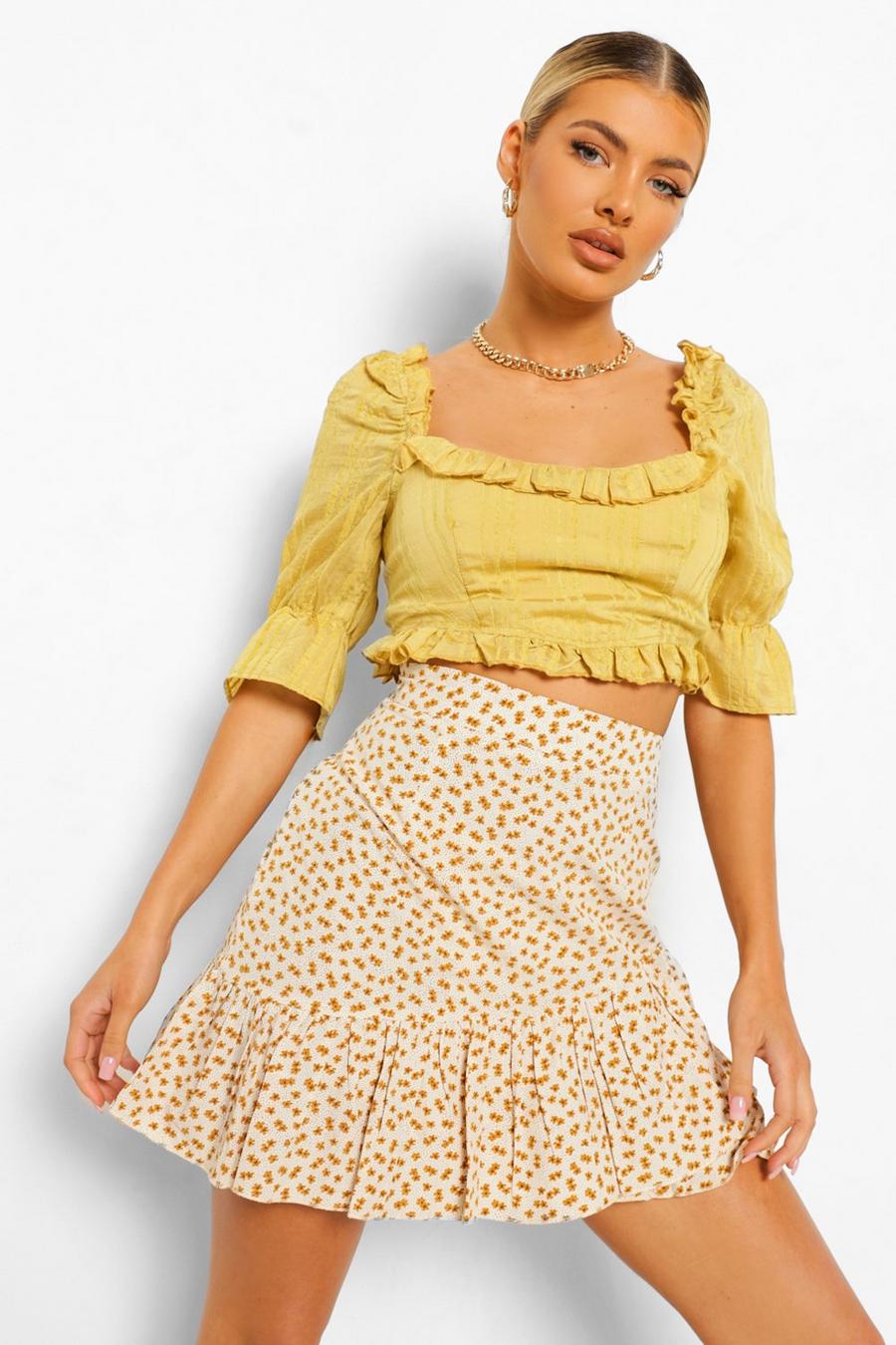 Yellow Woven Ruffle Puff Sleeve Crop Top image number 1