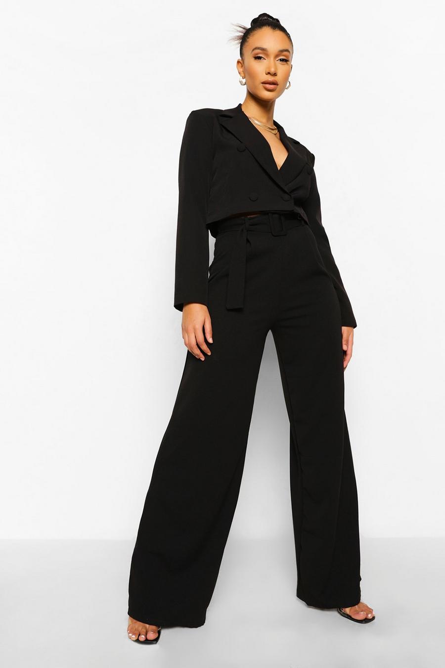 Black Self Fabric Belted Wide Leg Trousers image number 1