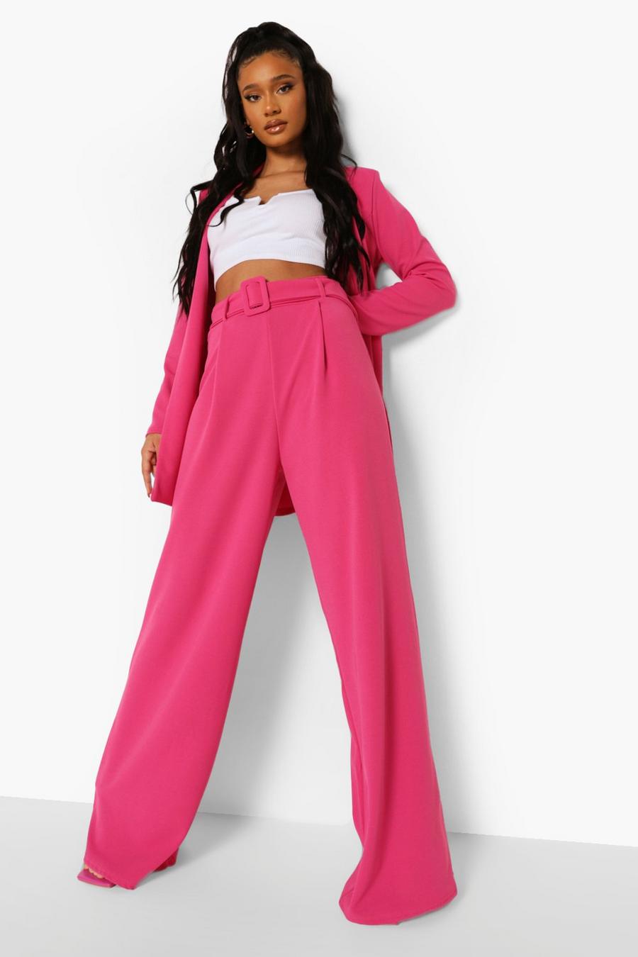 Pink Self Fabric Belted Wide Leg Pants image number 1