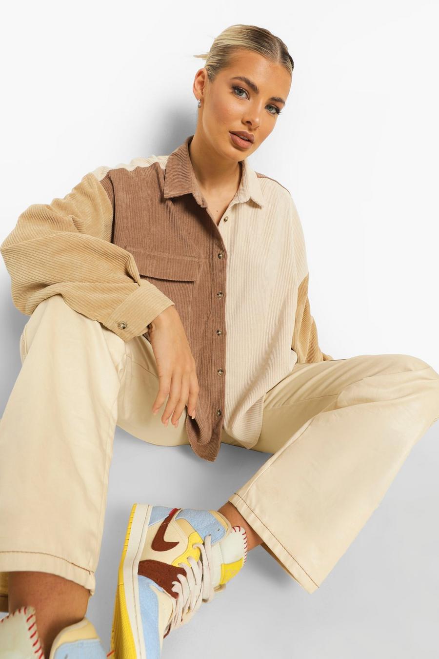 Camicia oversize in velluto a coste a blocchi di colore, Cioccolato image number 1