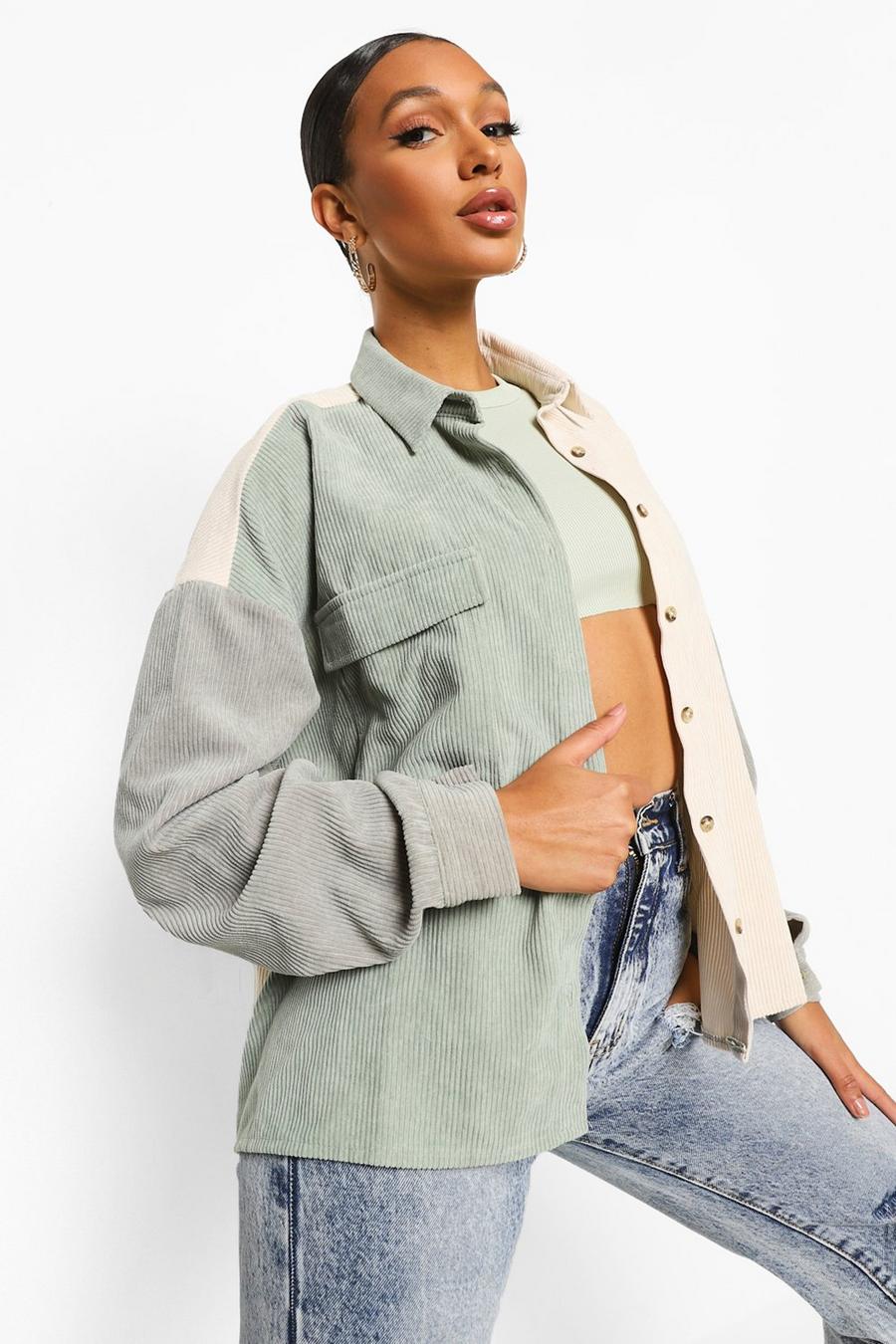 Sage green Oversized Colour Block Cord Shirt image number 1