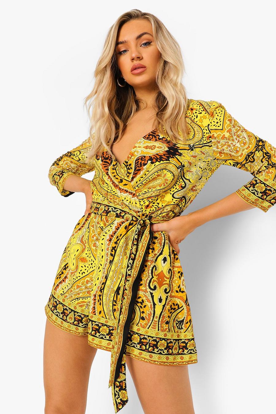 Gold Scarf Print Wrap Front Belted Playsuit image number 1