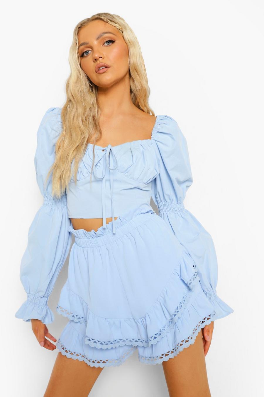 Baby blue blå Double Frill Lace Trim Shorts image number 1