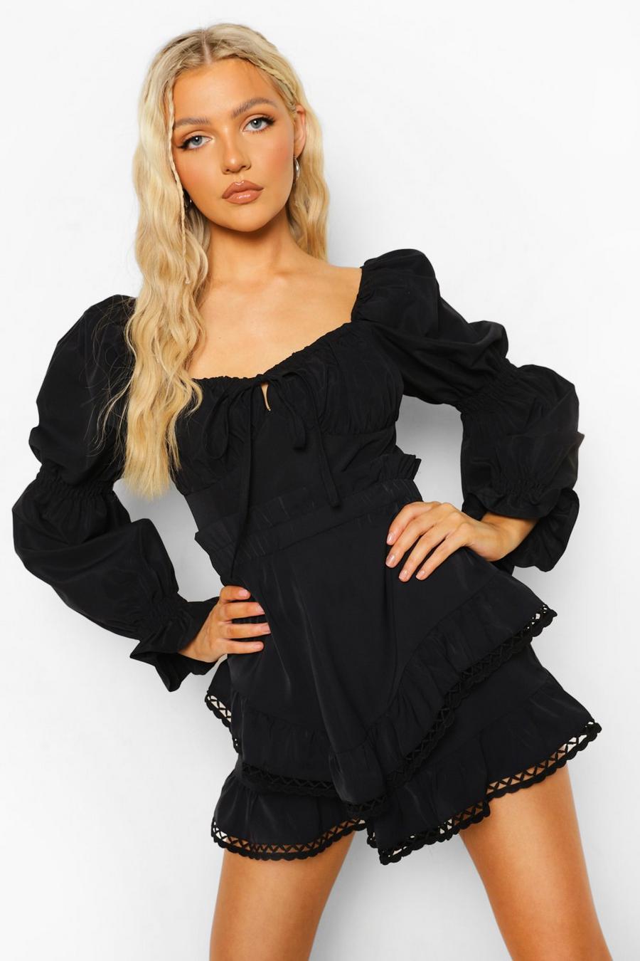 Black Double Frill Lace Trim Shorts image number 1