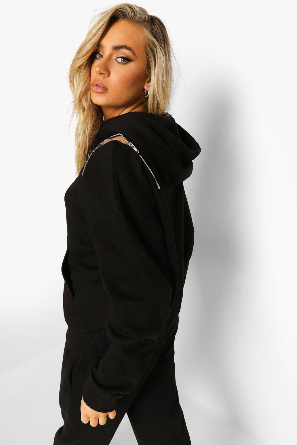 Black Zip Up Shoulder Detail Hoodie