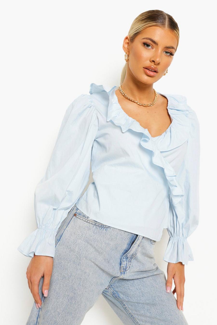 Sky Woven Ruffle Wrap Blouse image number 1