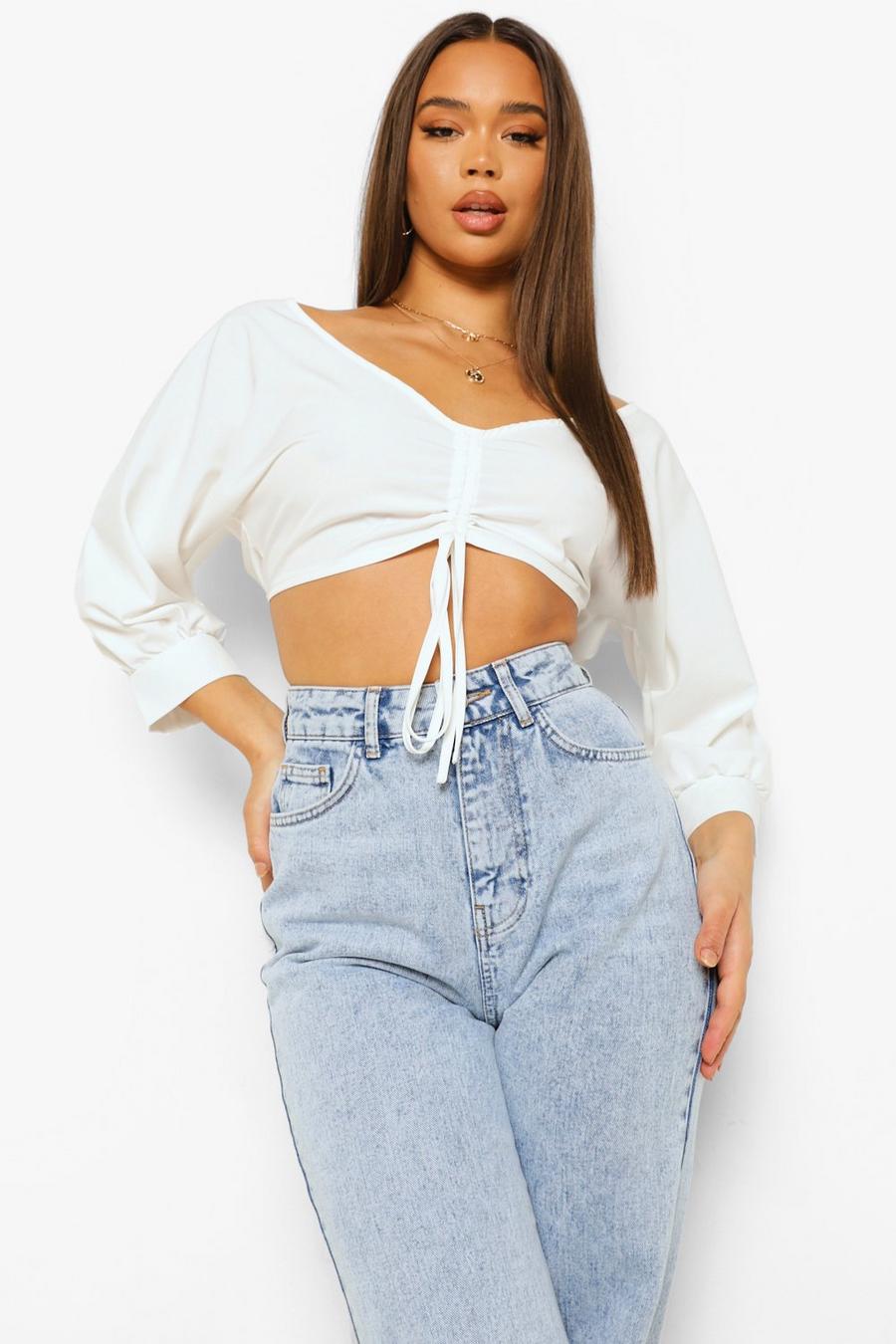 White Woven Ruched Crop Top image number 1
